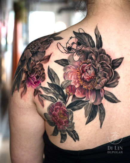 Black and grey realism and color realism floral peony tattoo by Diana (Di.polar) in Vancouver, BC