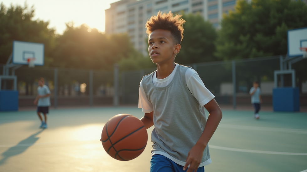 Close-up view of a young basketball player practicing a dribble