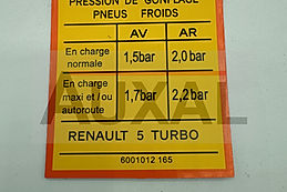 Sticker pression pneu Renault 5 R5 Turbo pneus tyre tyres 6001012165