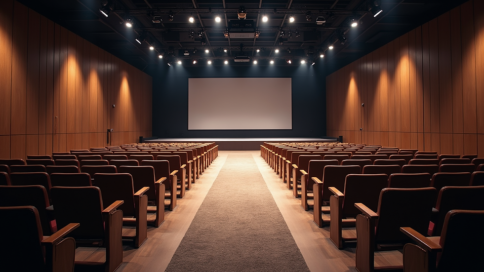 High angle view of a conference room setup with chairs and a stage