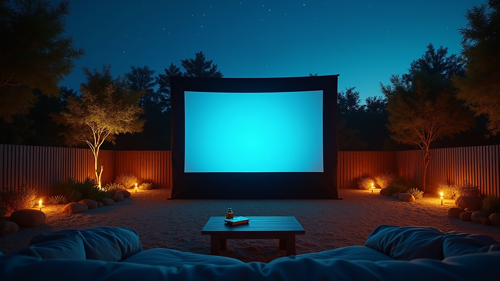 Wide angle view of an outdoor cinema setup with a large screen and cozy seating under the night sky
