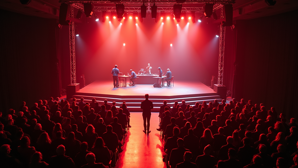 High angle view of event staff setting up a corporate event stage