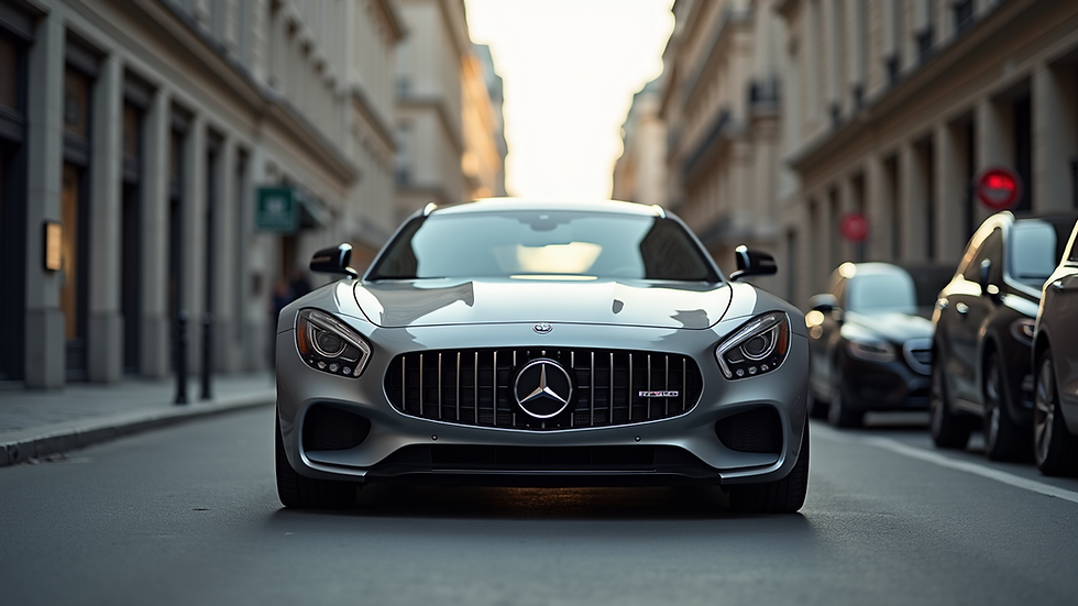 Vista a la altura de los ojos de un elegante automóvil importado estacionado en una calle de la ciudad.