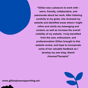 A testimonial in black writing on a pink background