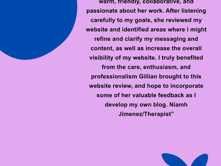 A testimonial in black writing on a pink background