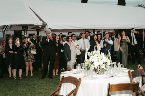 Wedding reception guests reacting to bride and groom's first dance