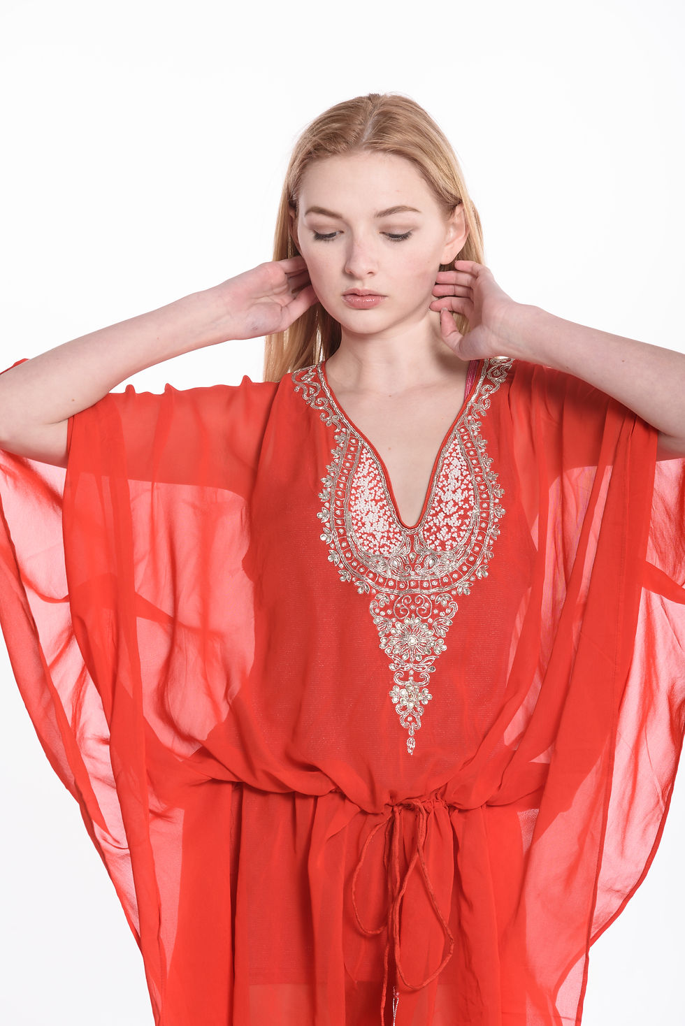 Thumbnail: Orange tunic caftan, kaftan, shortdress, belted, sheer cover upOrange
