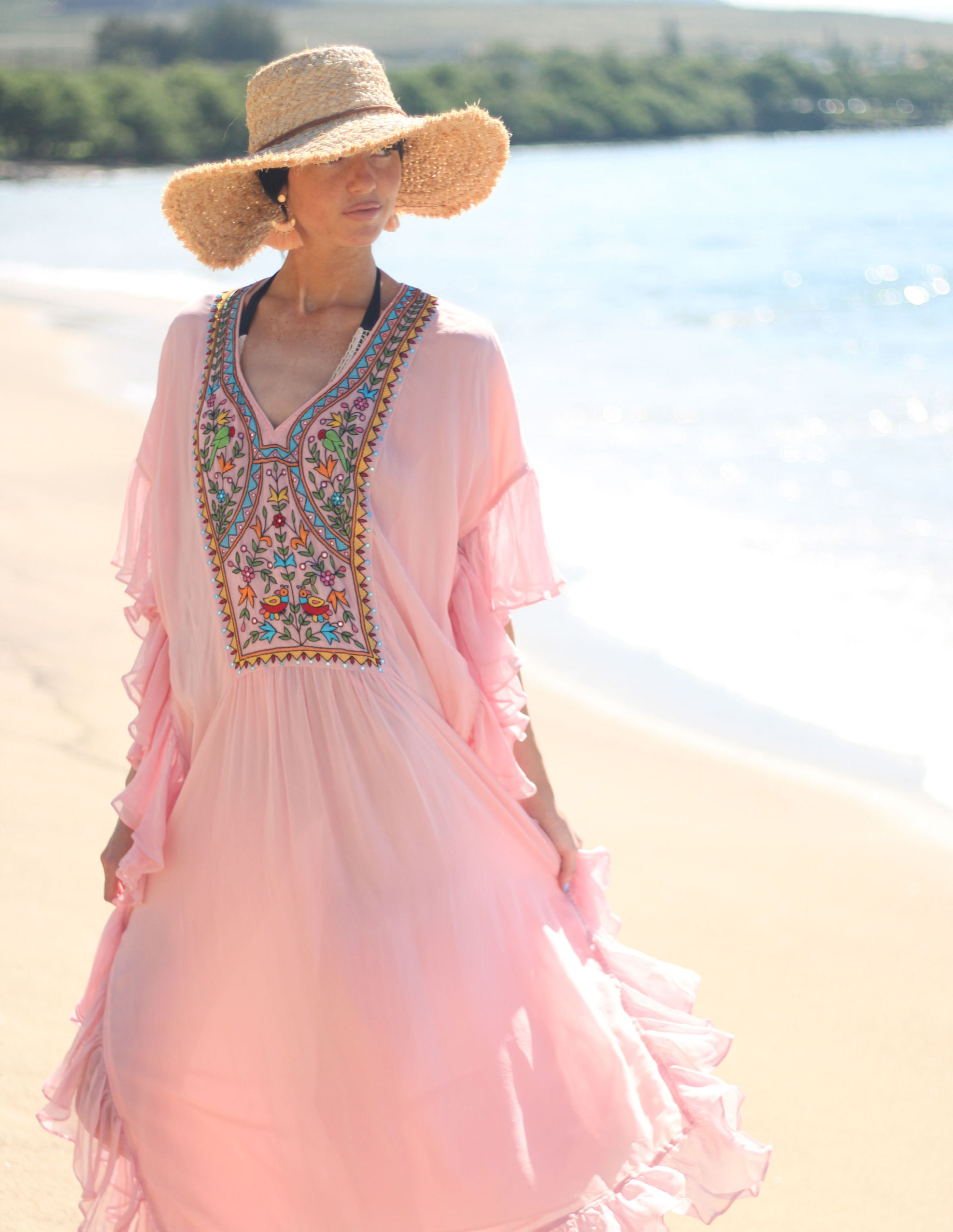 Bohemian fringe dress , embroidered pink dress