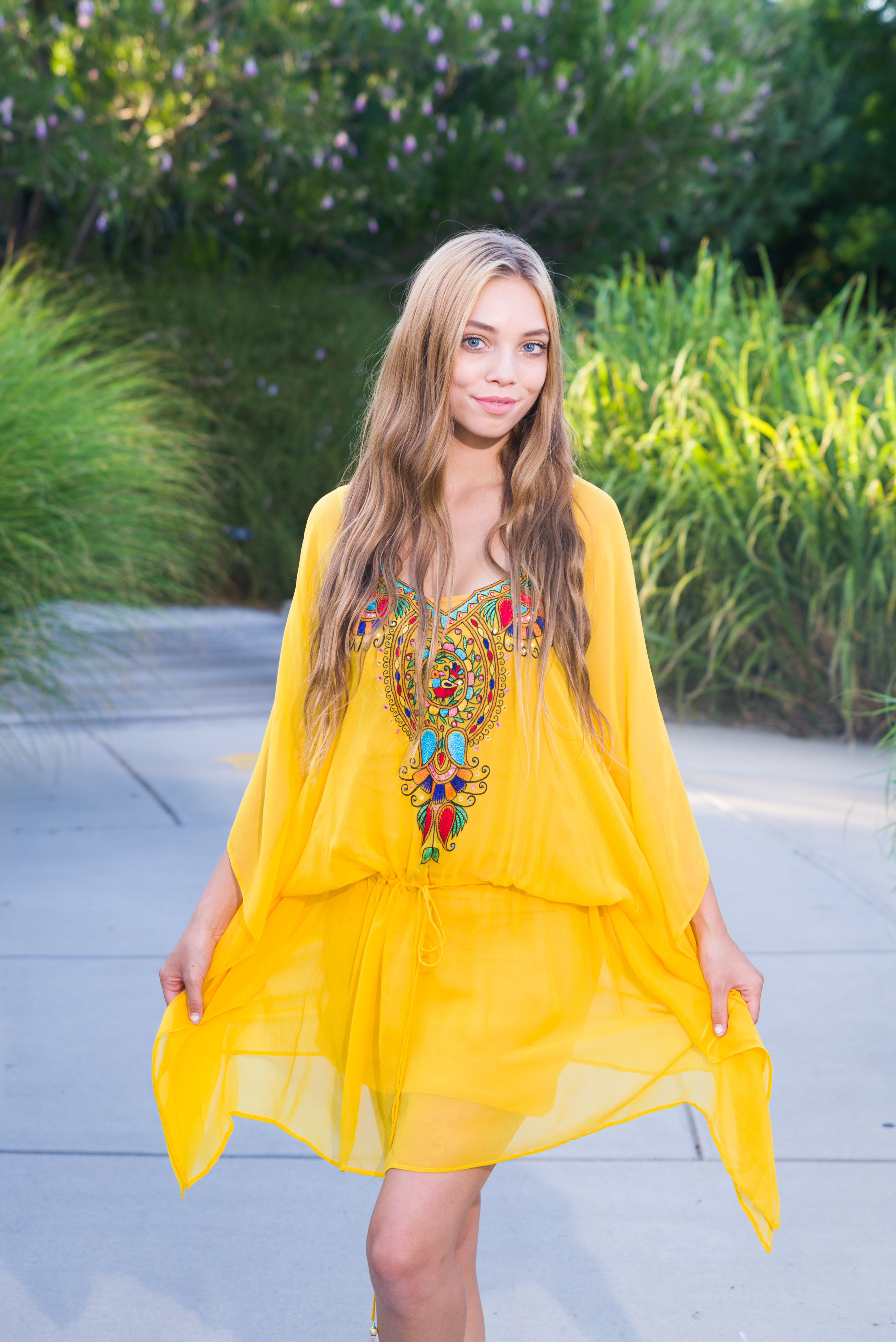Yellow tunic, caftan, shortdress, kaftan, sheer cover up