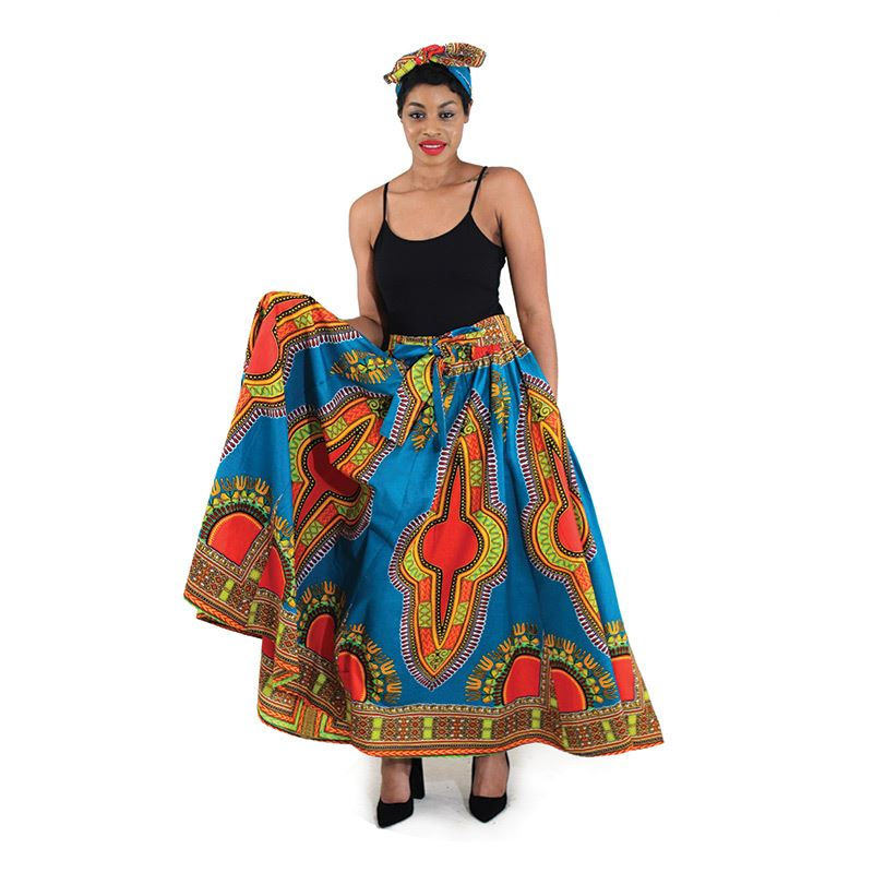 Thumbnail: Voluminous maxi skirt with 2 straps and elastic waistband. Comes with matching head wrap. Has 2 pockets.
