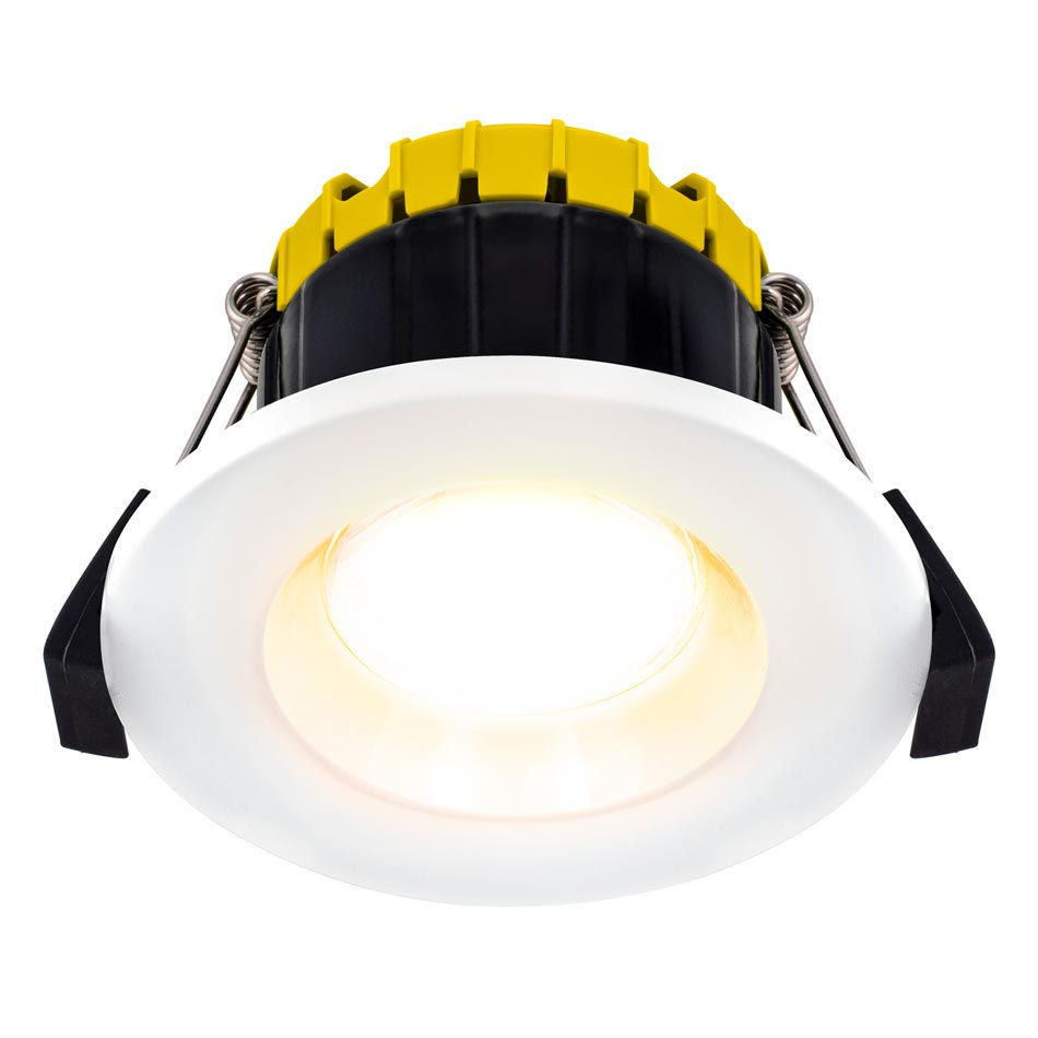 White recessed ceiling light with a yellow trim.
