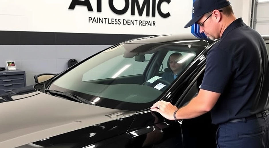 Person Workin in Atomi Paintless Dent Repair Shop on a car with Hail Damage.  Hes repairing the Hail Damage