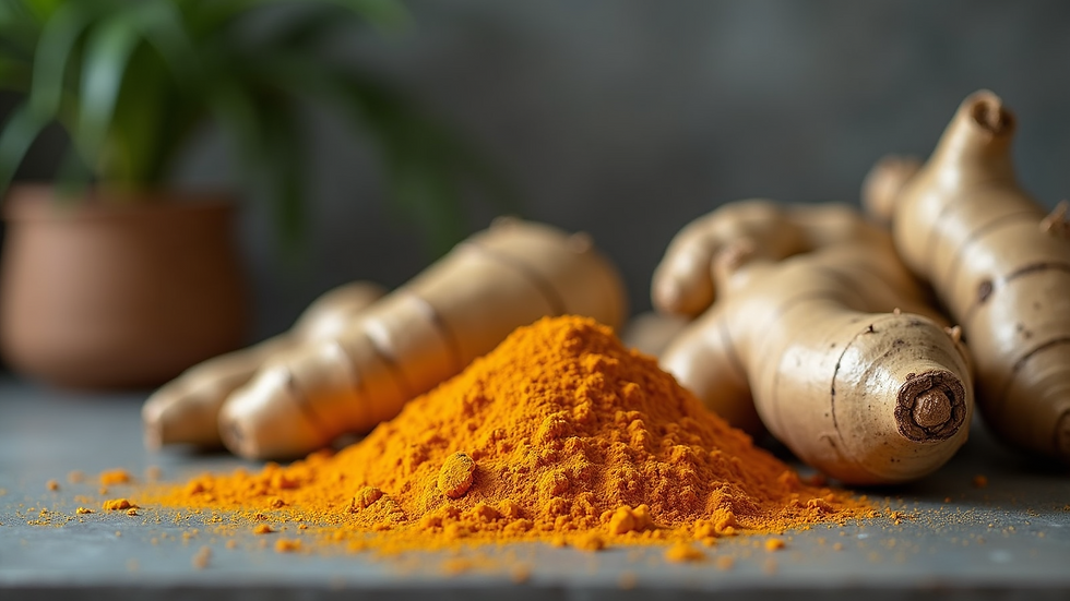 Eye-level view of turmeric roots and fresh ginger on a kitchen counter