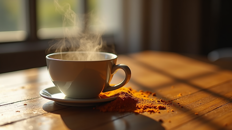Close-up view of a steaming cup of turmeric tea on a wooden table