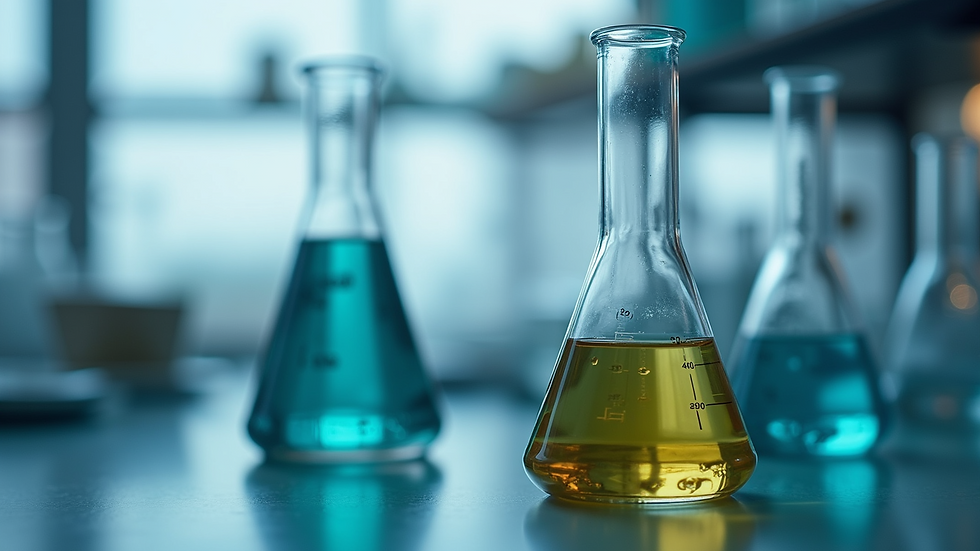 Close-up view of a laboratory flask containing a chemical solution
