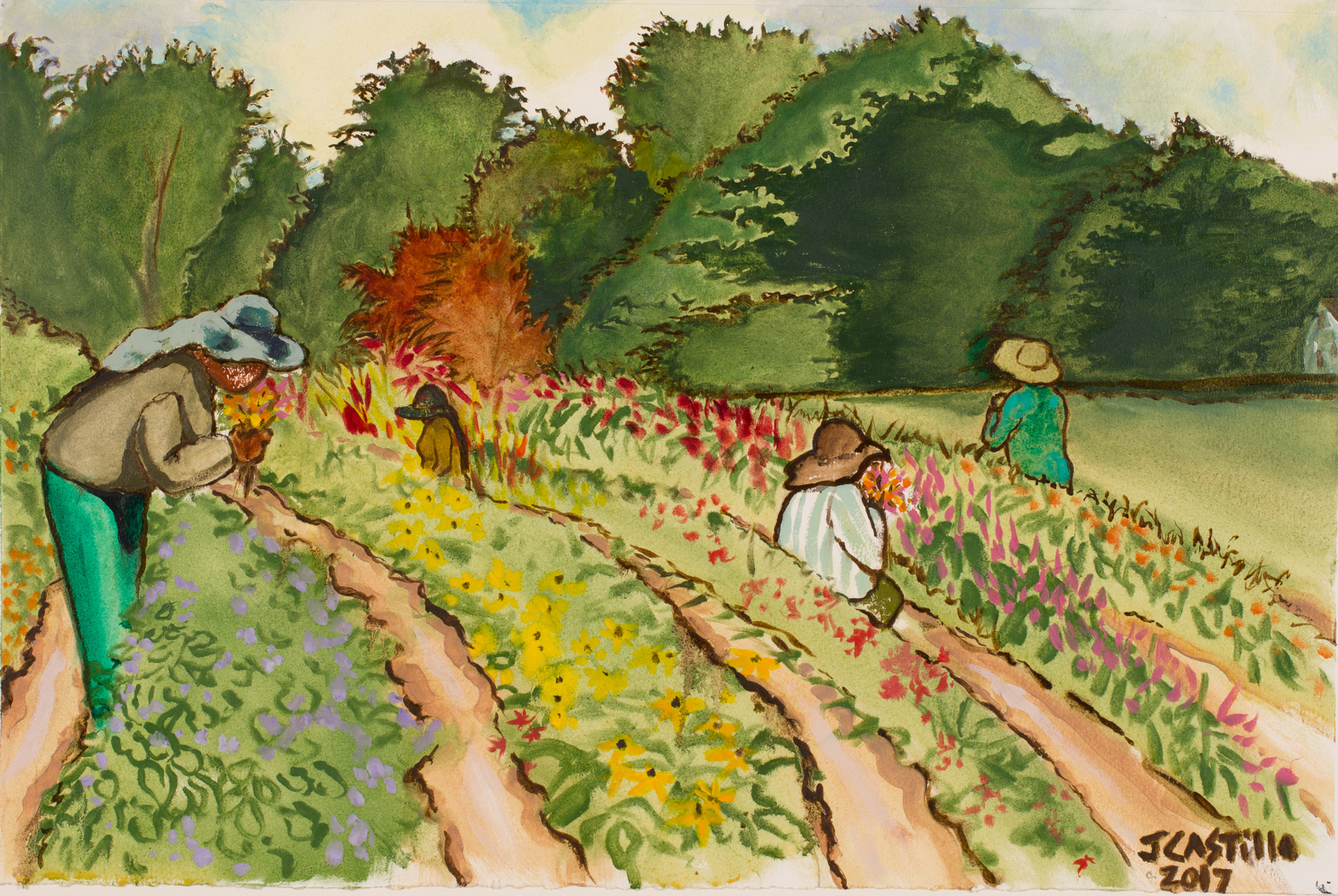 Girls Picking Flowers, Dreyer Farms, Cranford, NJ|Painting|2017, Oils and carbon on Oleo paper, 22" x 14.75", ©Julie Castillo