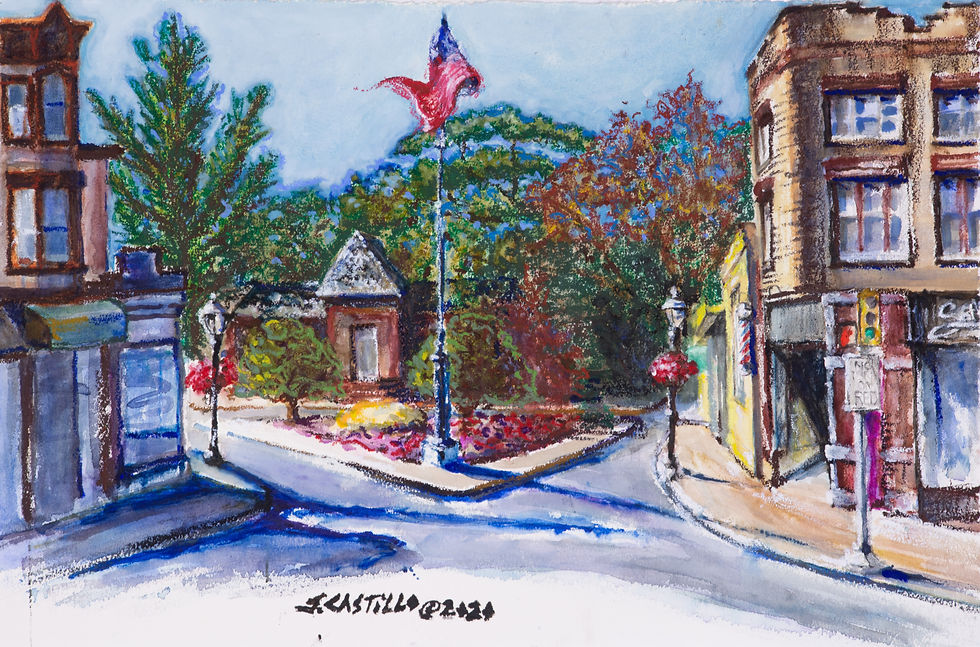 "Coffee View", NJ, 2020, watercolors, watercolor sticks, oil pastels on Oleo paper, 15" x 22.25", ©Julie Castillo 2023.