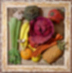 Framed ceramic vegetables and fruit.  Fired ceramic piece with hand painted vegetables and fruit.  