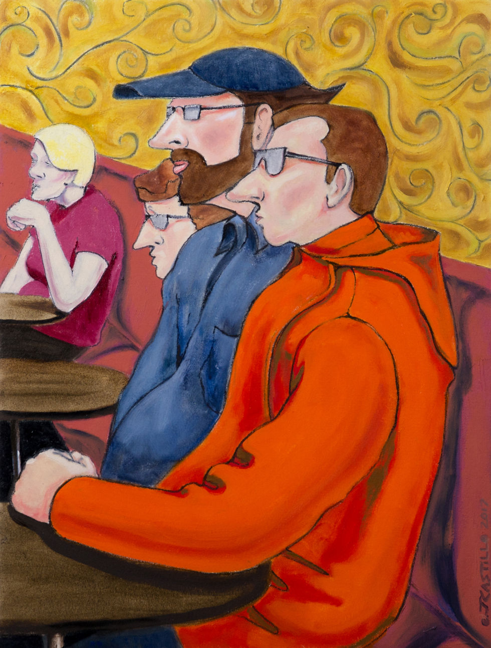 How alike we are?", 2017,Oils & carbon on Oleo paper, 16"x12", ©Julie Castillo 2023.