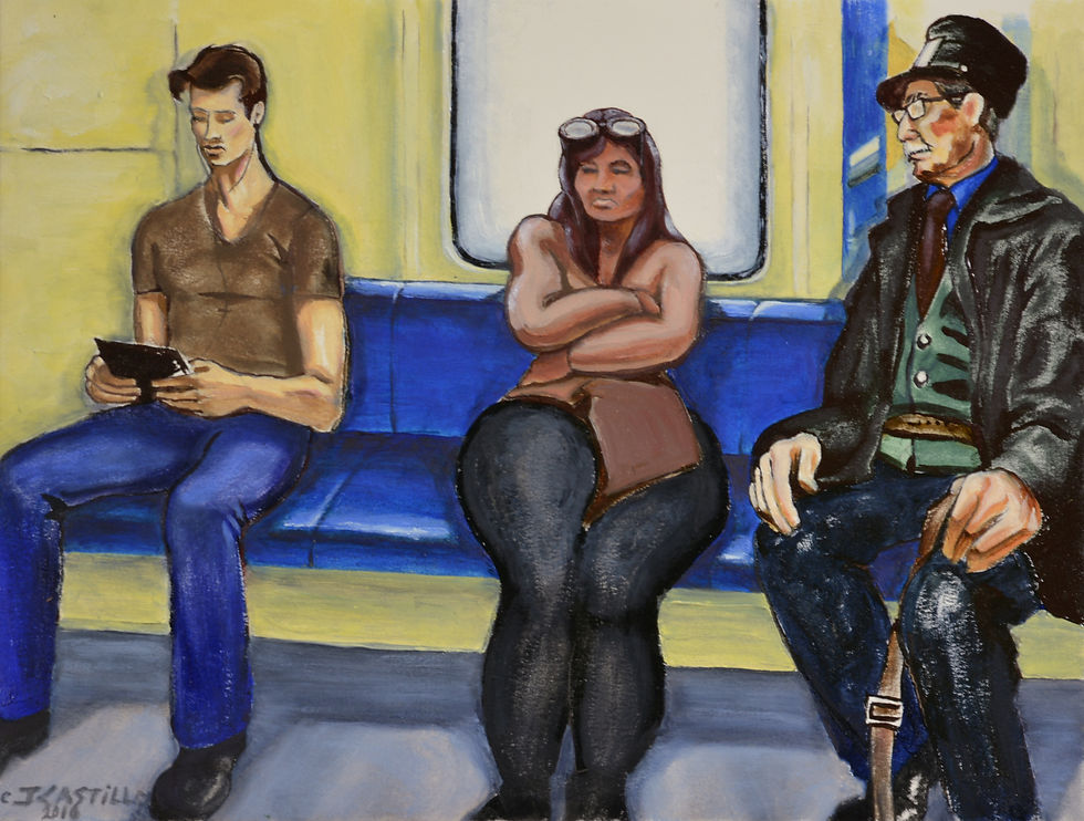 "The Train Ride", New York City, Painting, 2016, Oils, pencil, carbon on Oleo paper, 12" x 16", ©Julie Castillo 2024.