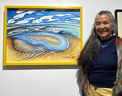 Framed painting "Race Point #1", and the artist Julie Castillo.