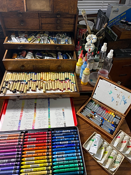 Painting materials used by the artist Julie Castillo. Studio photo.