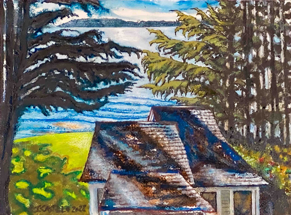 Deep Cove Cottages, St. George, Maine|Painting, 2022, CaranD'Ache Neo Colorsll crayons, gouache, watercolors, on watercolor p