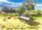 Baby Goats+Goat house+View UpCountry, Makawao, Maui|Painting, 2022, watercolors+water color crayons+Graphite on watercolor pa