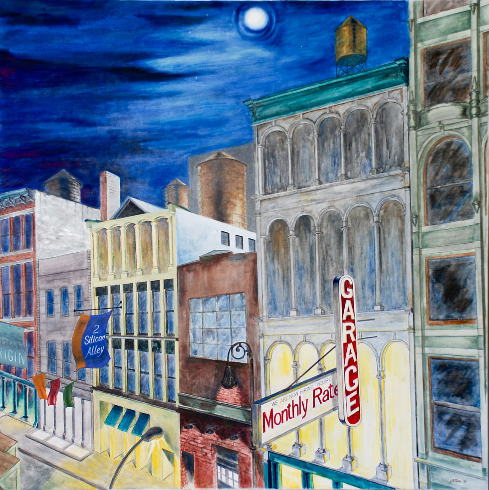 "NYC in the Moonlight", New York, Painting, 1997, Gouache on canvas, 56" x 56", © Julie Castillo 2023