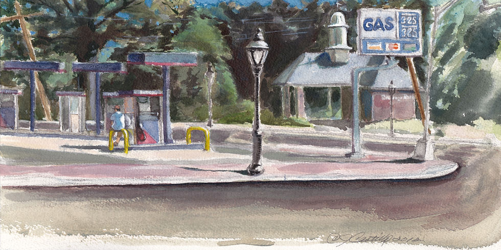 "Corner Gas station", 2012, Watercolor and Egg tempra on watercolor paper, 5.9" x 11.8", ©Julie Castillo 2024.