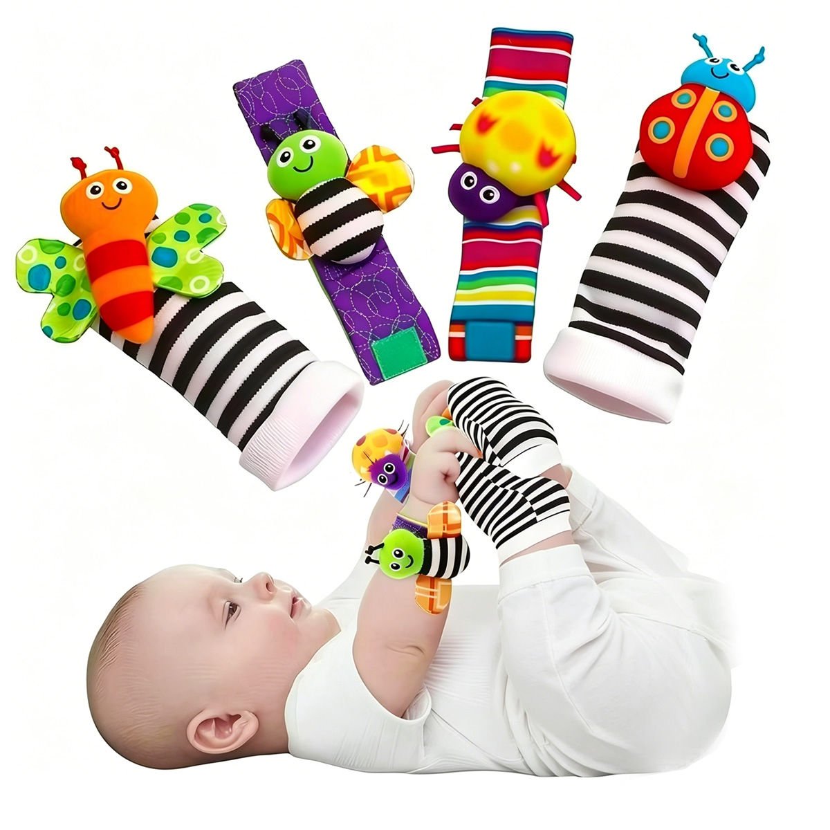 4pcs Baby Rattle Toys Cute Stuffed Animals Wrist Rattle Foot Finder Socks 0~24 M