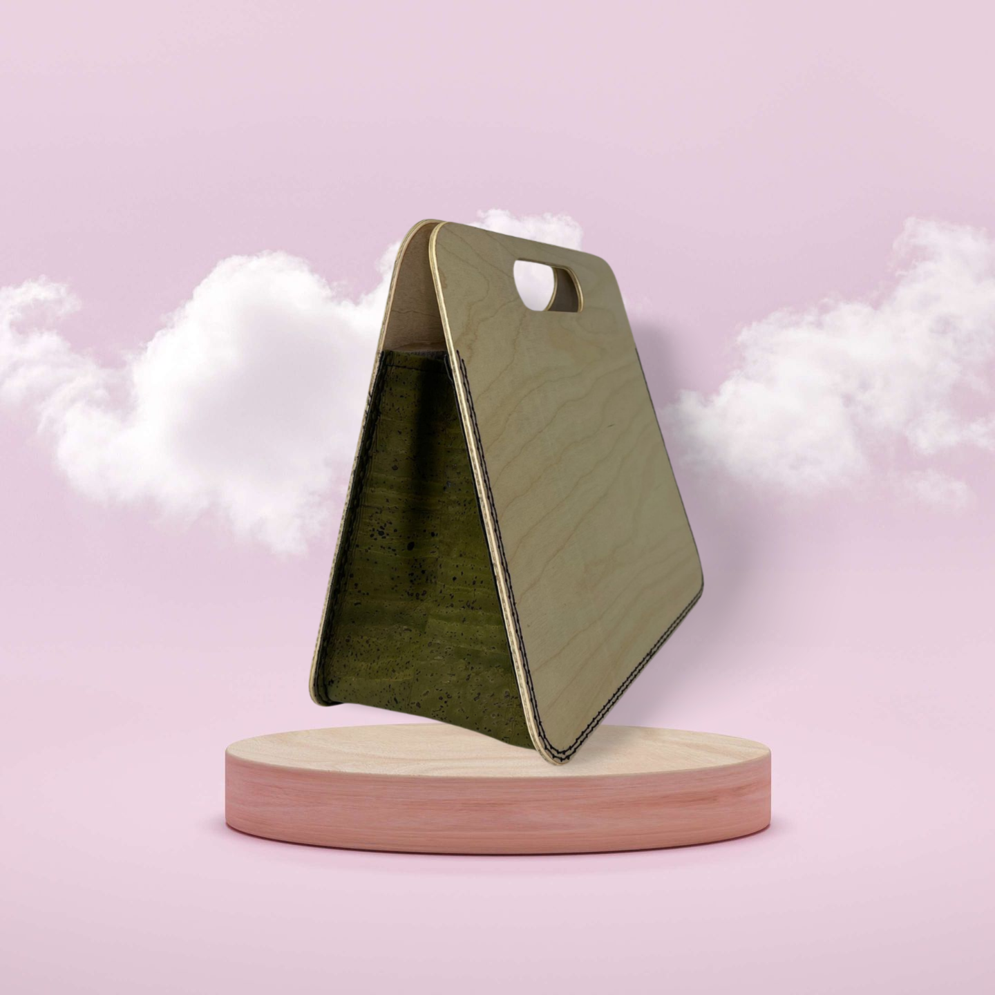 Holz Handtasche von Hand gemacht. Buche mit braunem Kork und Goldglitzer.