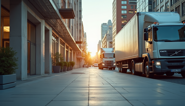 Eye-level view of a commercial building entrance with moving trucks parked outside