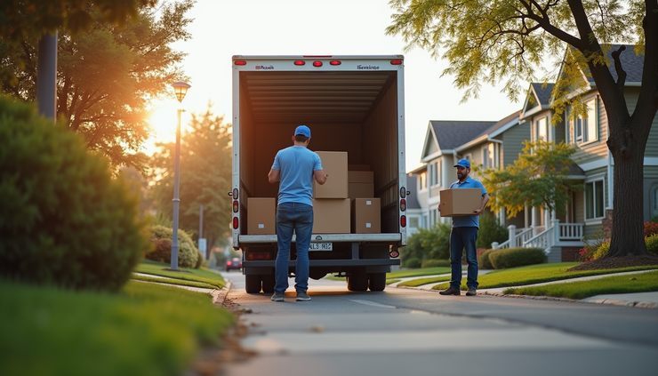 Eye-level view of a moving truck parked outside a residential home with movers loading boxes
