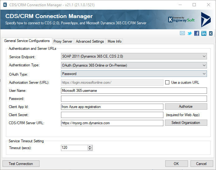 CDS/CRM Connection Manager for Kingswaysoft showing OAuth Password configuration