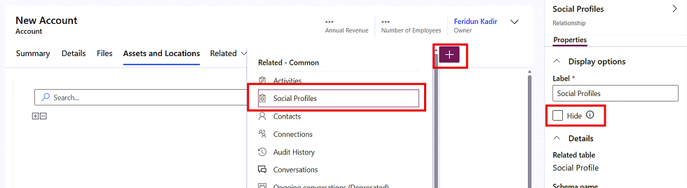 Account form showing related items