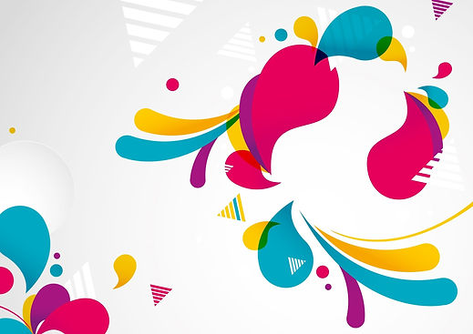 Vibrant abstract design with flowing pink, blue, yellow shapes
