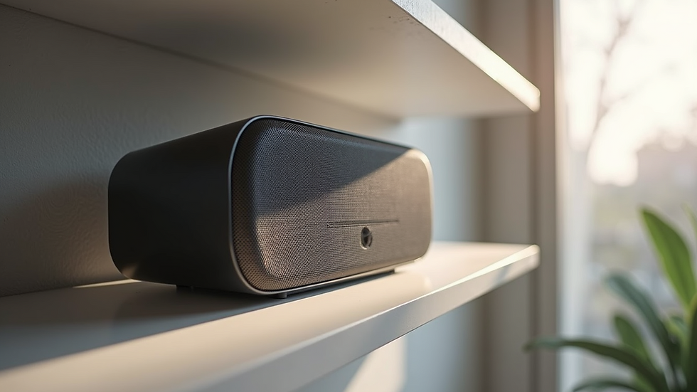 Close-up view of smart speaker on a minimalist shelf