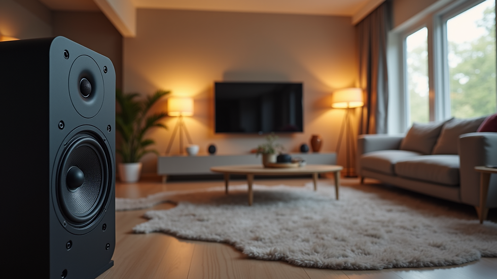 Eye-level view of a modern living room with smart speakers and lighting