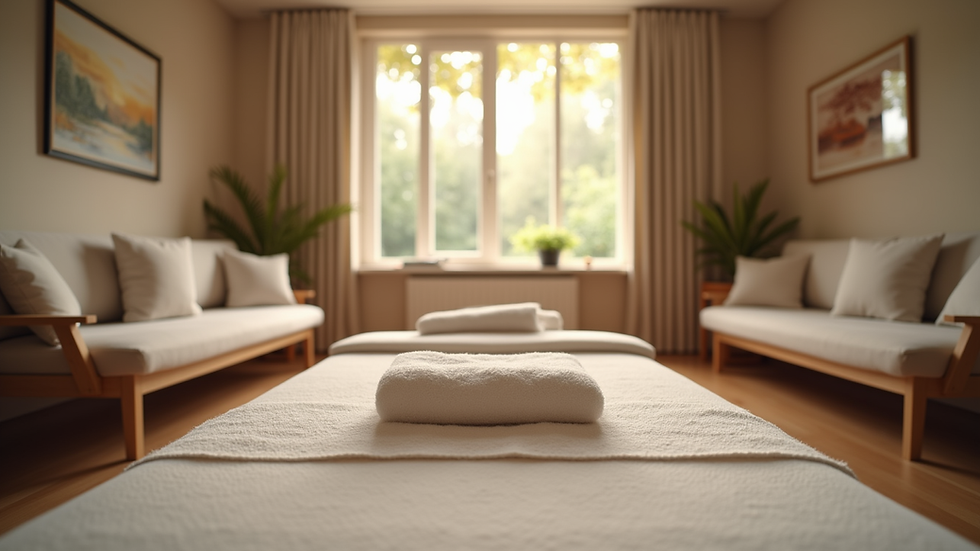 Close-up view of a serene therapy room with comfortable seating