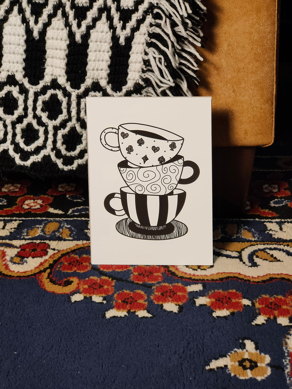 A5 black and white print of a stack of gothic teacups