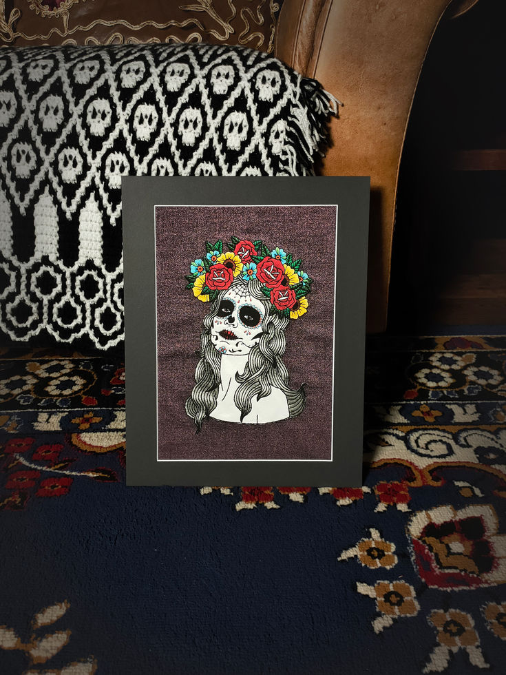 day of the dead portrait, colourful flower crown, detailed skull mask, tattoo style mixed media print