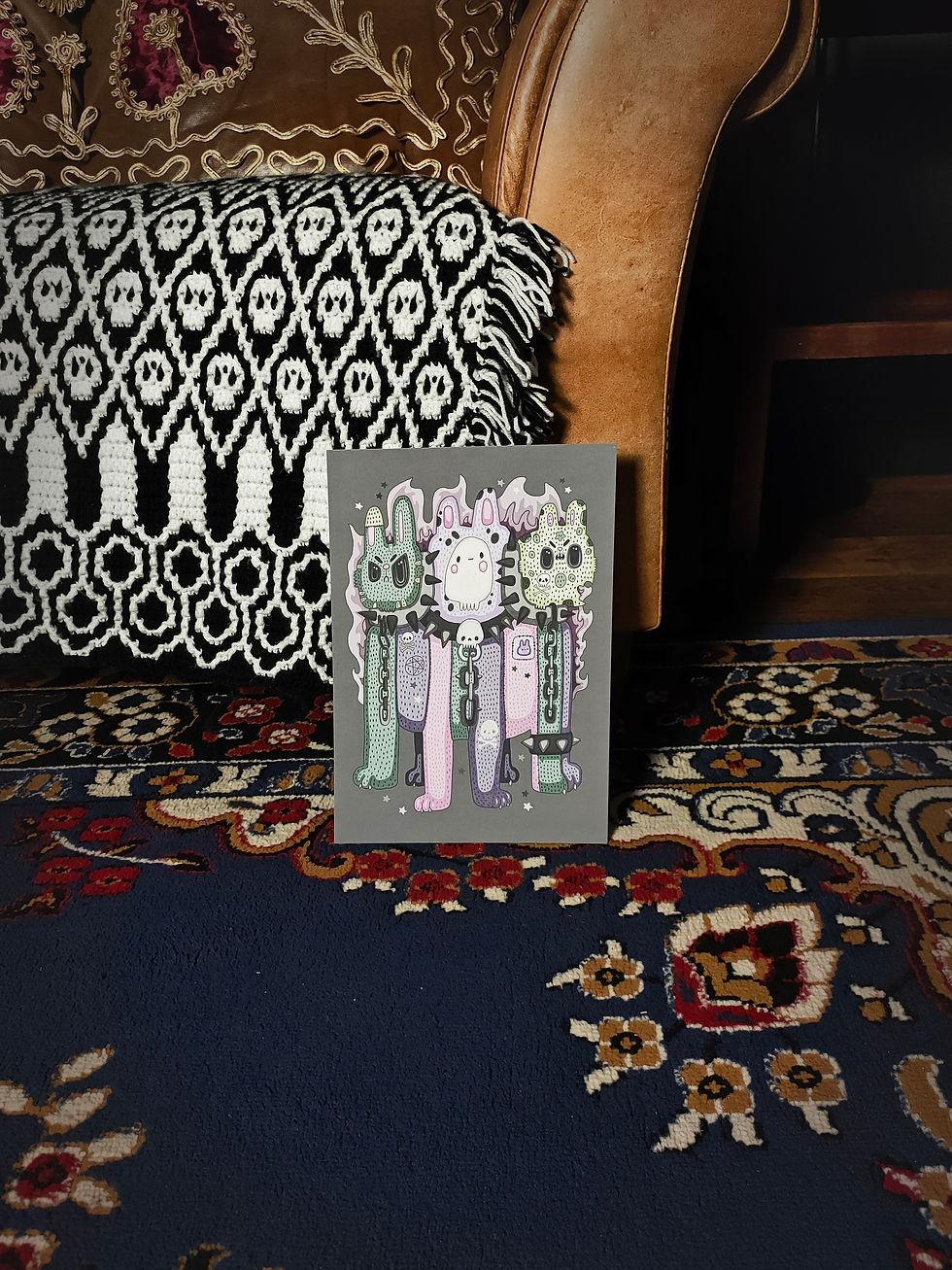 dark grey art print depicts a full-body "Cerberus" bunny with 3 heads and multiple patterned legs in green, lilac and pink