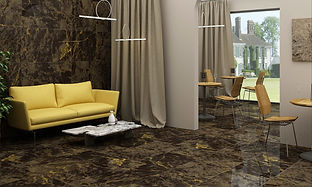 An Elegant Living room with a yellow sofa and a nice view can be seen through the window. The tile that has been used is the thunder yellow tile and can be used for floor, wall and bathroom which is been provided by Ceracon.