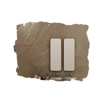 Two big mirrors on each side and a brown wall on the back.