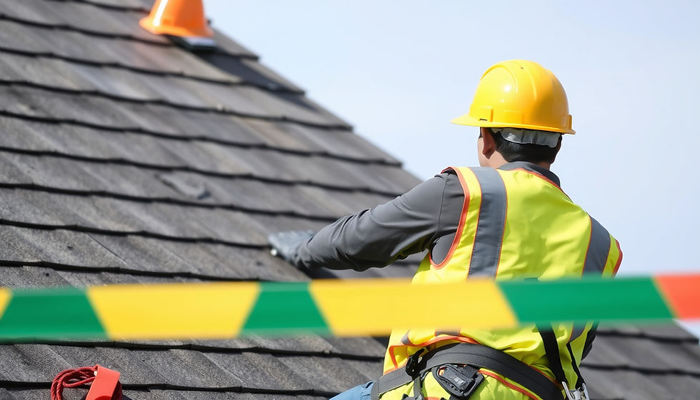 High angle view of a roofing contractor inspecting a residential roof