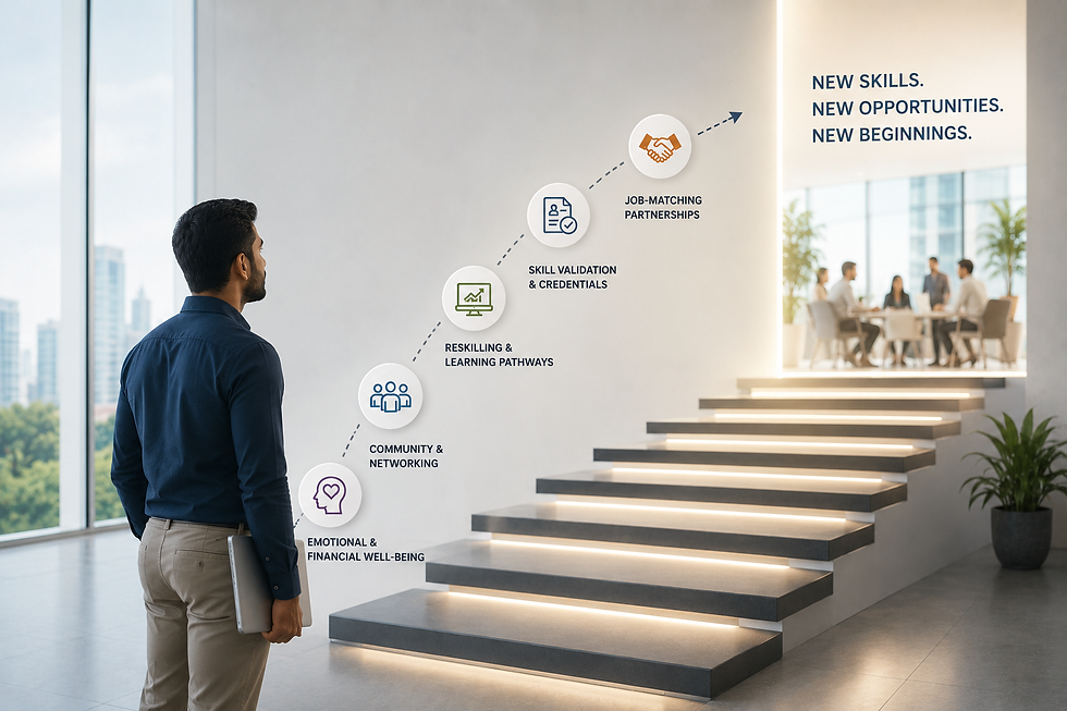 Professional employee transitioning to a new career with support for reskilling, job matching, career coaching, and workforce transition, representing modern outplacement services and employer-supported career mobility.