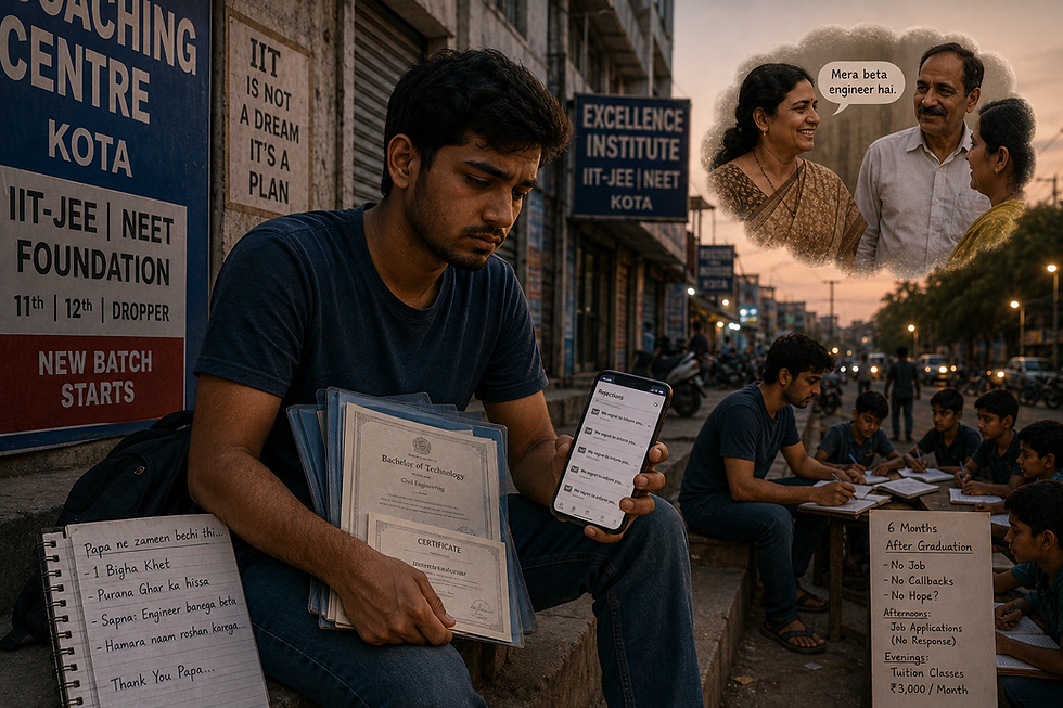 Young Indian engineering graduate sitting outside a Kota coaching centre holding certificates and checking job rejection emails on his phone, highlighting graduate unemployment, youth unemployment in India, engineering jobs, career struggles, and the education-to-employment gap.