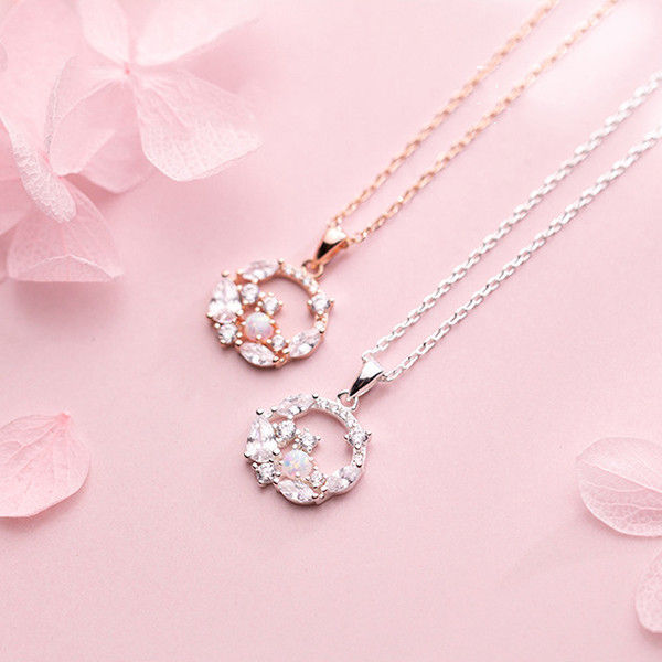S925 Silver Necklaces with Opal Flower Ring Design