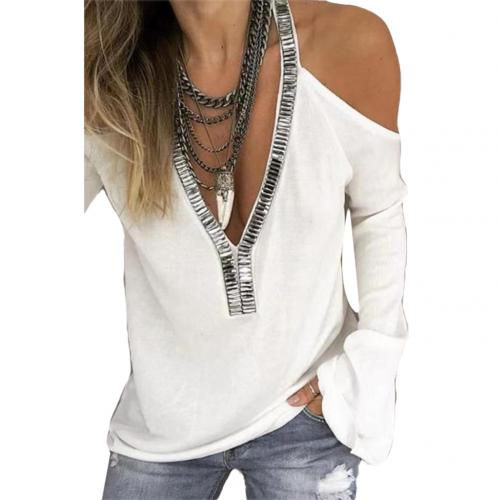 Thumbnail: Women's t-shirt Sexy Sequins V Neck Cold Shoulder Long Sleeve T-Shirt Women Sol